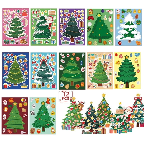MEGICOT 24/12sheets Christmas Tree Party Stickers for Kids, 12 Style Decorations Fun Games Activities DIY Gifts