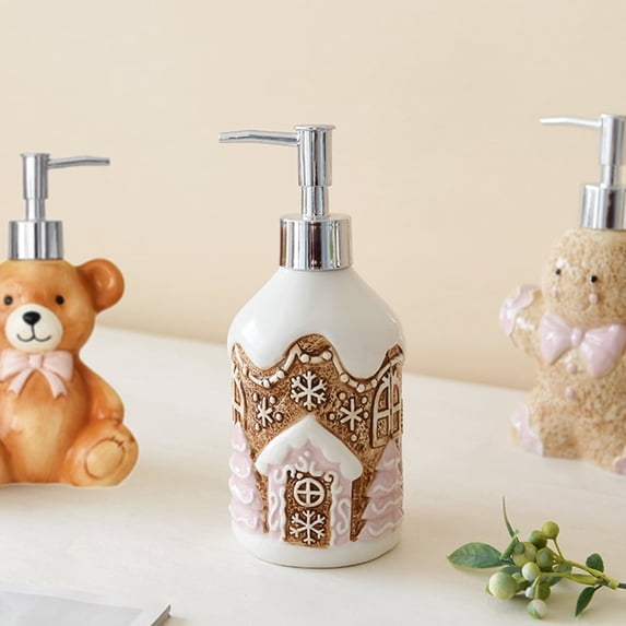 MEGICOT Christmas Man Gingerbread House Bear Hand Sanitizer Dispenser Bottle, 200ml refillable empty bottle, suitable for bathroom, body wash and shampoo, fashionable bathroom accessories