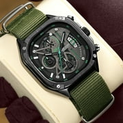 MEGIR Canvas Strap Men Quartz Watch Square Large Dial Chronograph Luminous Sport Casual Wristwatch