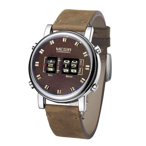 MEGIR Fashion Military Sport Men Watches Leather Strap Roller Quartz Wristwatches Waterproof Clock