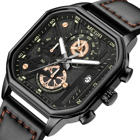 MEGIR Fashion Sport Quartz Watch Leather Strap Casual Chronograph Luminous Clock Large Dial Wristwatch