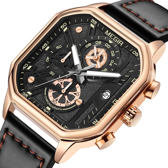 MEGIR Men's Sport Casual Watch Chronograph, Quartz Movement, 3ATM Water Resistant, Leather Strap