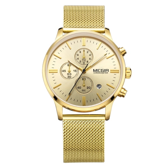 MEGIR Luxury Men Quartz Watch Steel Mesh Strap Sport Military Business Wristwatch with Chronograph