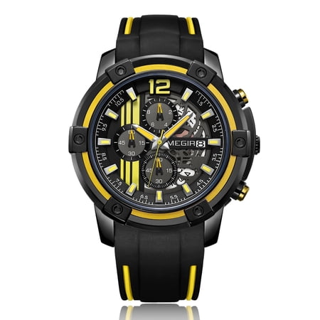 MEGIR Luxury Men Sports Quartz Watches Silicone Big Dial Military Wristwatch Chronograph Waterproof