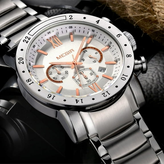 MEGIR Luxury Men's Business Watches Fashion Waterproof Stainless Steel Quartz Chronograph Calendar