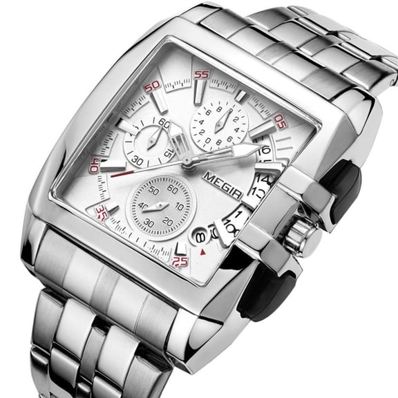 MEGIR Men Sports Chronograph Watch Square Stainless Steel Quartz Wristwatch Business Big Dial Clock