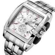 MEGIR Men Sports Chronograph Watch Square Stainless Steel Quartz Wristwatch Business Big Dial Clock