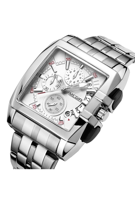 Men Sports Chronograph Watch Square Stainless Steel Quartz Wristwatch Business Big Dial Clock