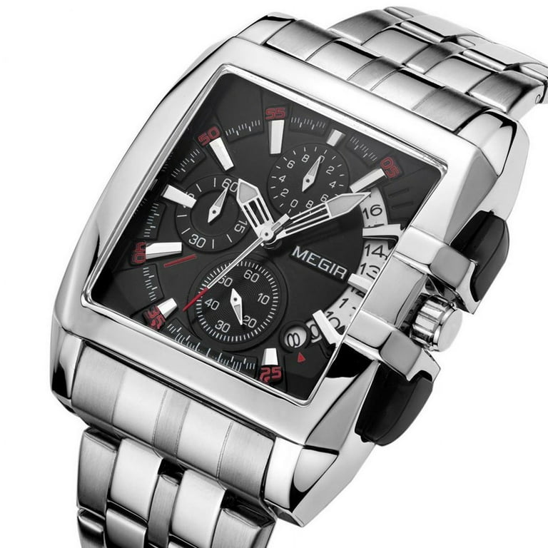 MEGIR Men Sports Chronograph Watch Square Stainless Steel Quartz