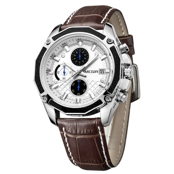 MEGIR Men Watches Fashion Quartz Sports Large Dial Wristwatches Waterproof Leather Clock Chronograph