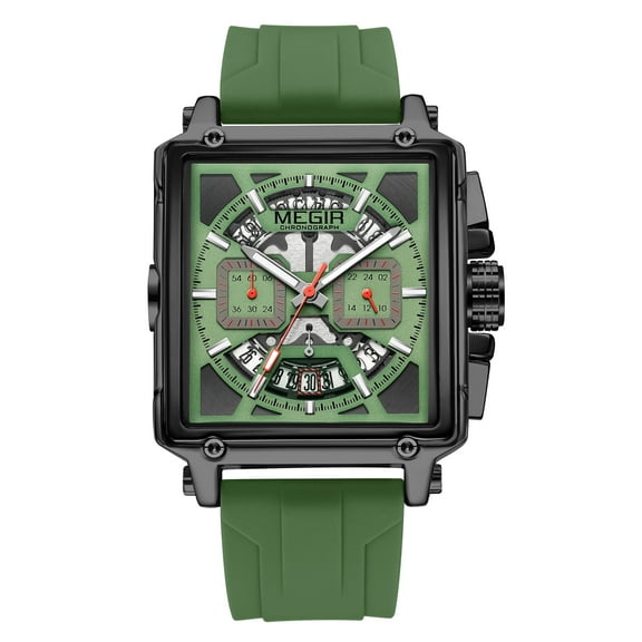 MEGIR Men Watches Fashion Square Sport Military Chronograph Luminous Silicone Band Quartz Wristwatch