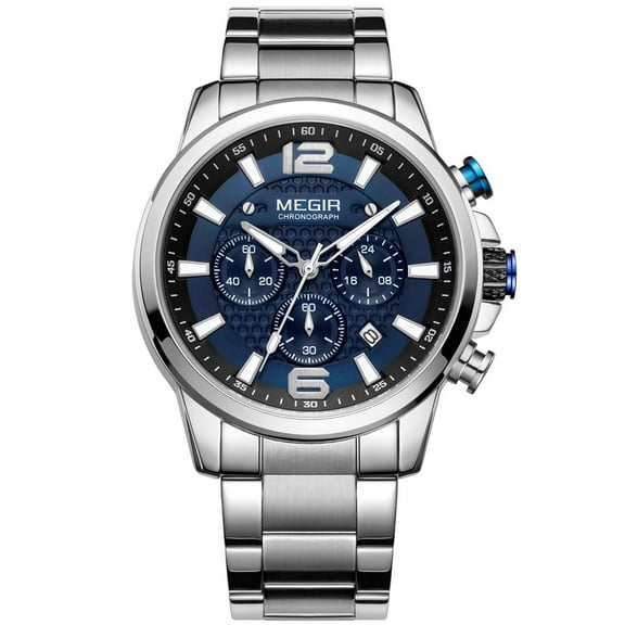 MEGIR Men's Quartz Wristwatch Stainless Steel Band Chronograph Watches Luminous Waterproof Clock