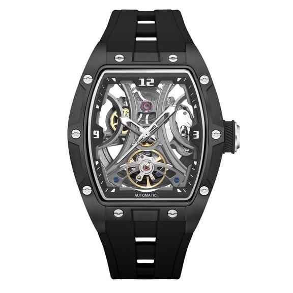 MEGIR Tonneau Hollow Automatic Mechanical Watch Steel Case Waterproof Male Wristwatch Silicone Strap