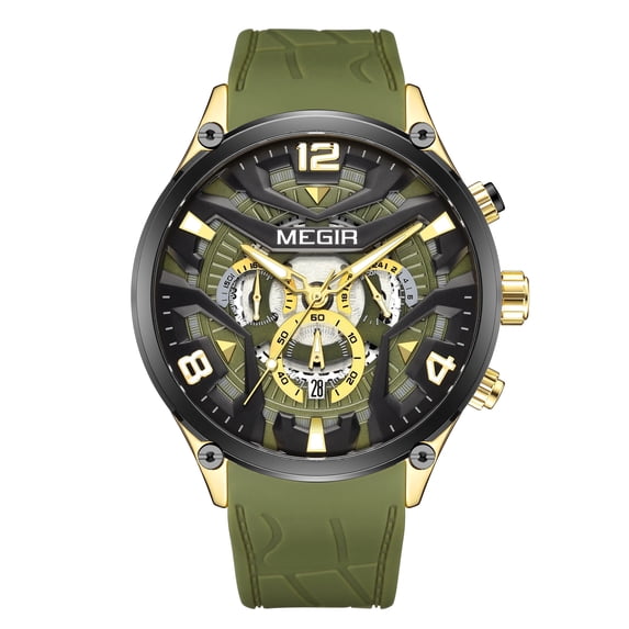 MEGIR Vintage Men Wristwatch Luxury Chronograph Silicone Band Waterproof Luminous Sport Quartz Watch