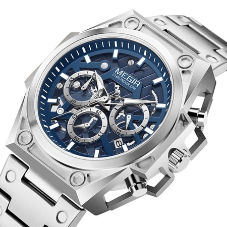 MEGIR Men Sport Chronograph Watch, Quartz Movement, 47mm Dial, Steel Case, Luminous, 5ATM Waterproof