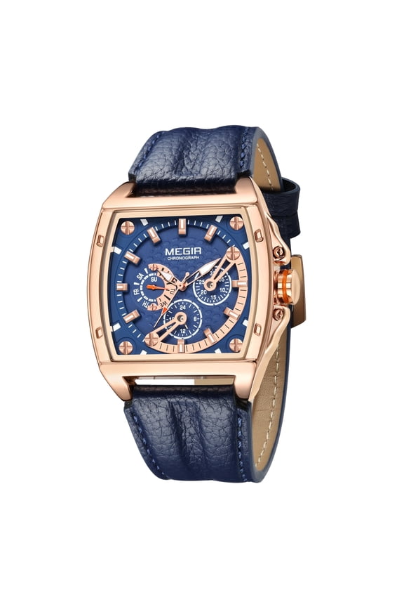 Watches Chronograph for Men Leather Strap Large Dial Quartz Sport Wristwatch Week 24-Hour
