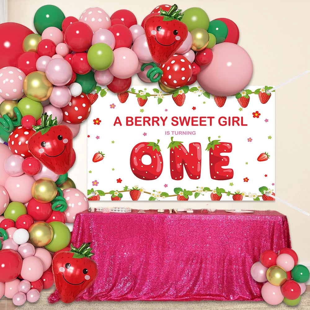 Erdbeer-Deko-Set Zum 1. Geburtstag – Hintergrund, Banner & Ballons Für Süße Mädchenpartys