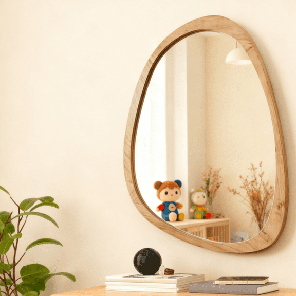 MEHOOM 30"x20" Irregular Wood Wall Mirror, Boho Hanging Mirror for Bathroom, Bedroom, Farmhouse Decor