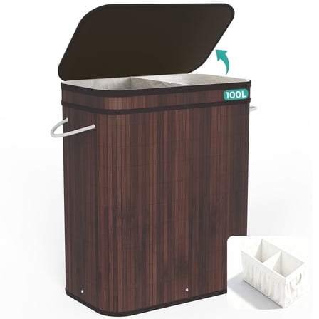 MEHOOM 100L Bamboo Laundry Hamper with Lid, Foldable Clothes Basket for Bedroom, Laundry Room, Small Spaces (Brown)