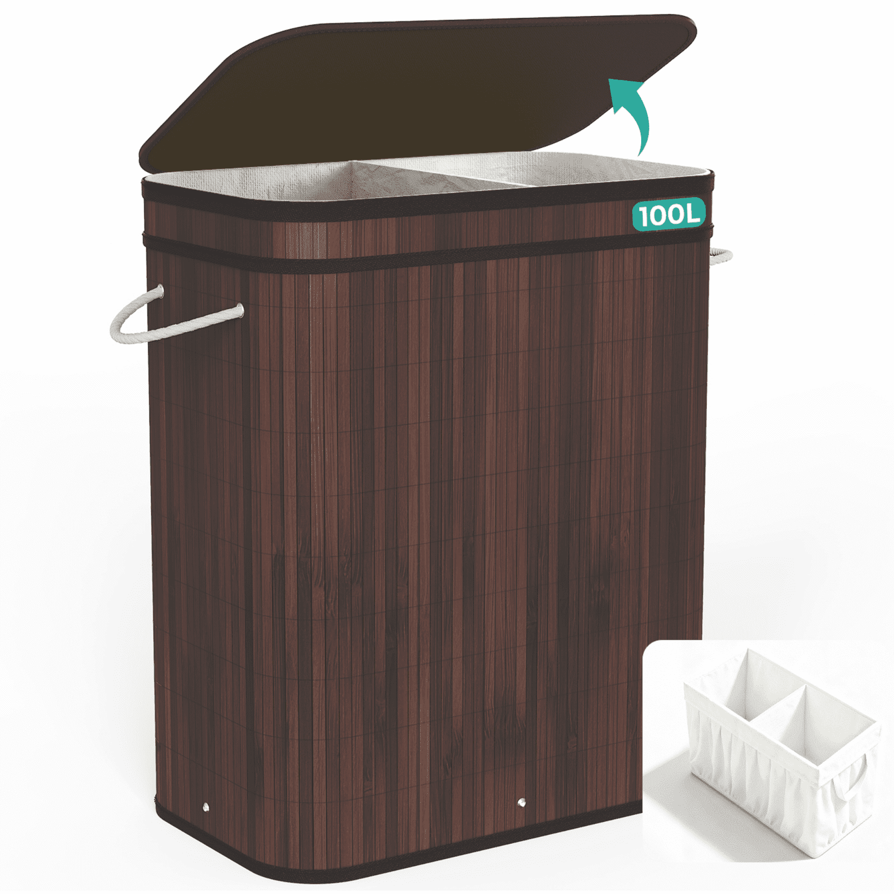 MEHOOM 100L Bamboo Laundry Hamper with Lid, Foldable Clothes Basket for Bedroom, Laundry Room, Small Spaces (Brown)