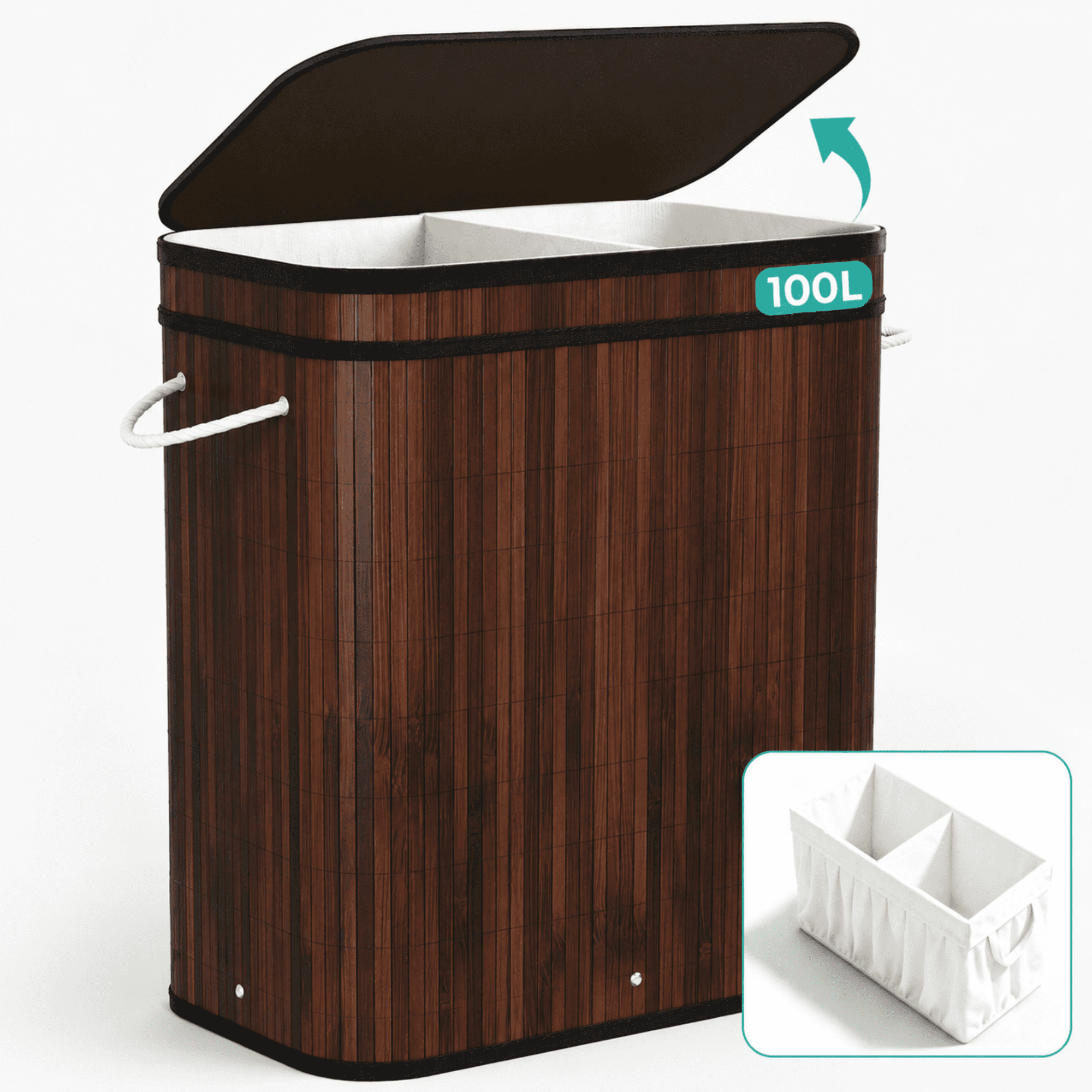 MEHOOM 100L Bamboo Laundry Hamper with Lid, Foldable Clothes Basket for Bedroom, Laundry Room, Small Spaces (Brown)