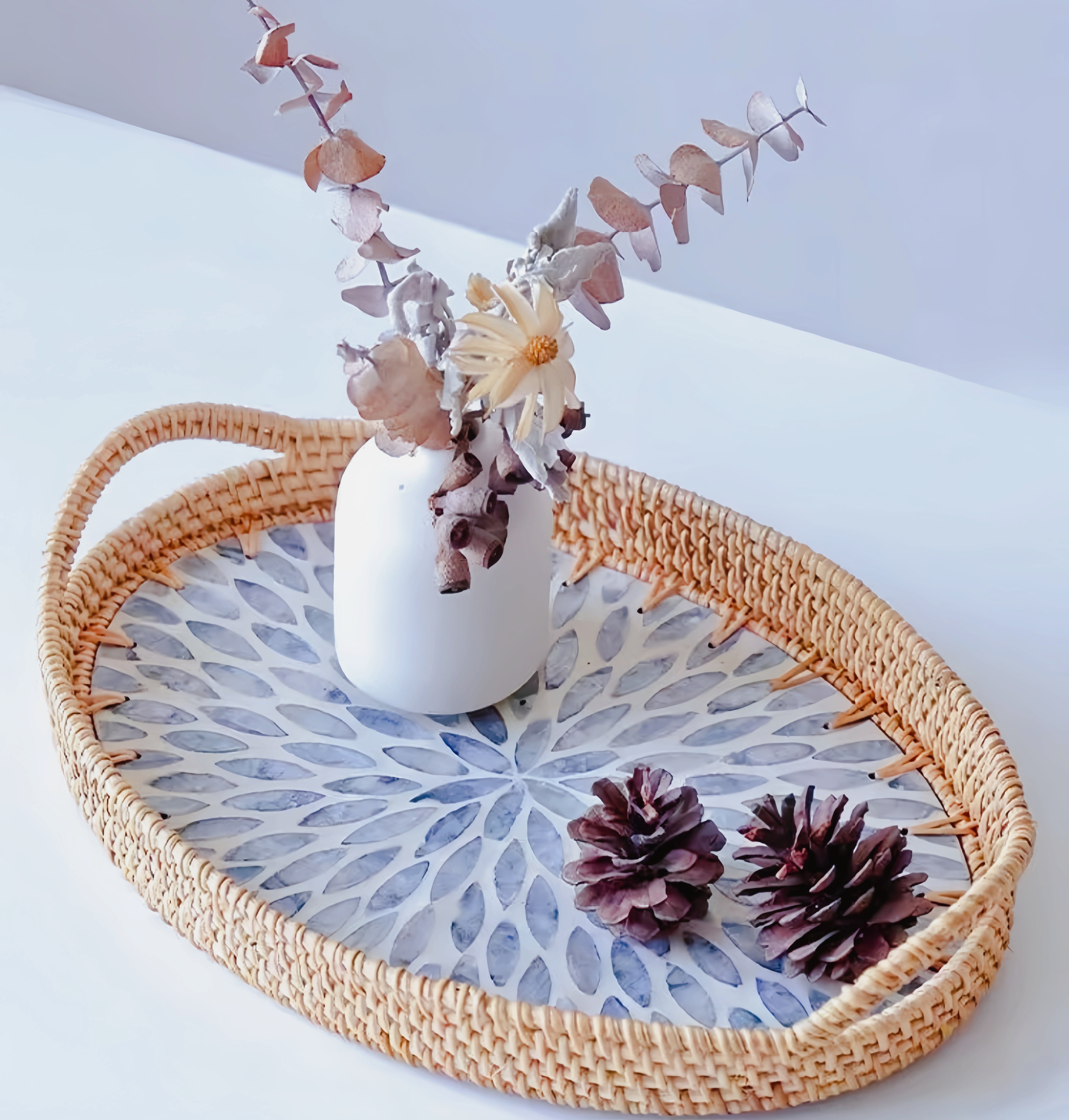 MEHOOM Rattan Shell Serving Tray with Handles, 12"x8"