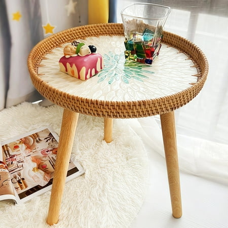 MEHOOM Green Rattan Shell Side Table, Coastal Round End Table, Small Spaces Bedroom Living Room