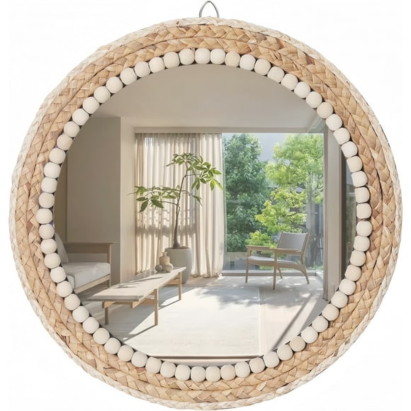 MEHOOM 15" Round Boho Wall Mirror, Rattan Hanging Mirror for Bedroom, Living Room, Farmhouse Decor