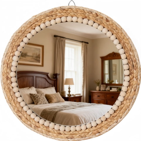 MEHOOM 15" Boho Wall Mirror, Handmade Round Rattan Hanging Mirror for Bathroom Entryway Bedroom Living Room Decor, Decorative Farmhouse, Rustic Vanity Mirror for Home Wall Decor