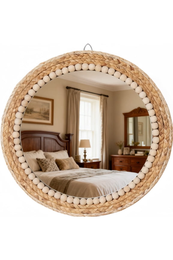 15" Boho Wall Mirror, Handmade Round Rattan Hanging Mirror for Bathroom Entryway Bedroom Living Room Decor, Decorative Farmhouse, Rustic Vanity Mirror for Home Wall Decor