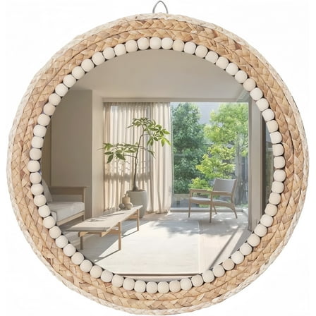 MEHOOM 15" Round Boho Wall Mirror, Rattan Hanging Mirror for Bedroom, Living Room, Farmhouse Decor