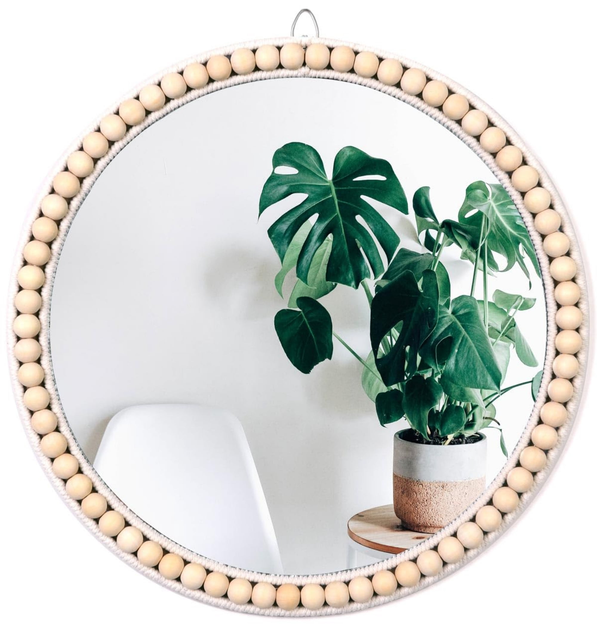 MEHOOM 15" Round Wall Mirror, Boho Hanging Round Mirror, Wall Decor for Bedroom, Bathroom, Living Room, Beige
