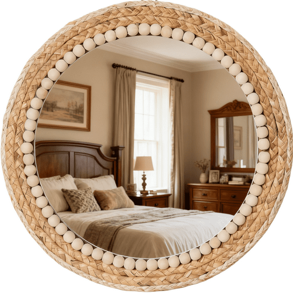 MEHOOM 17" Round Boho Wall Mirror, Rattan Hanging Mirror for Bedroom, Living Room, Farmhouse Decor