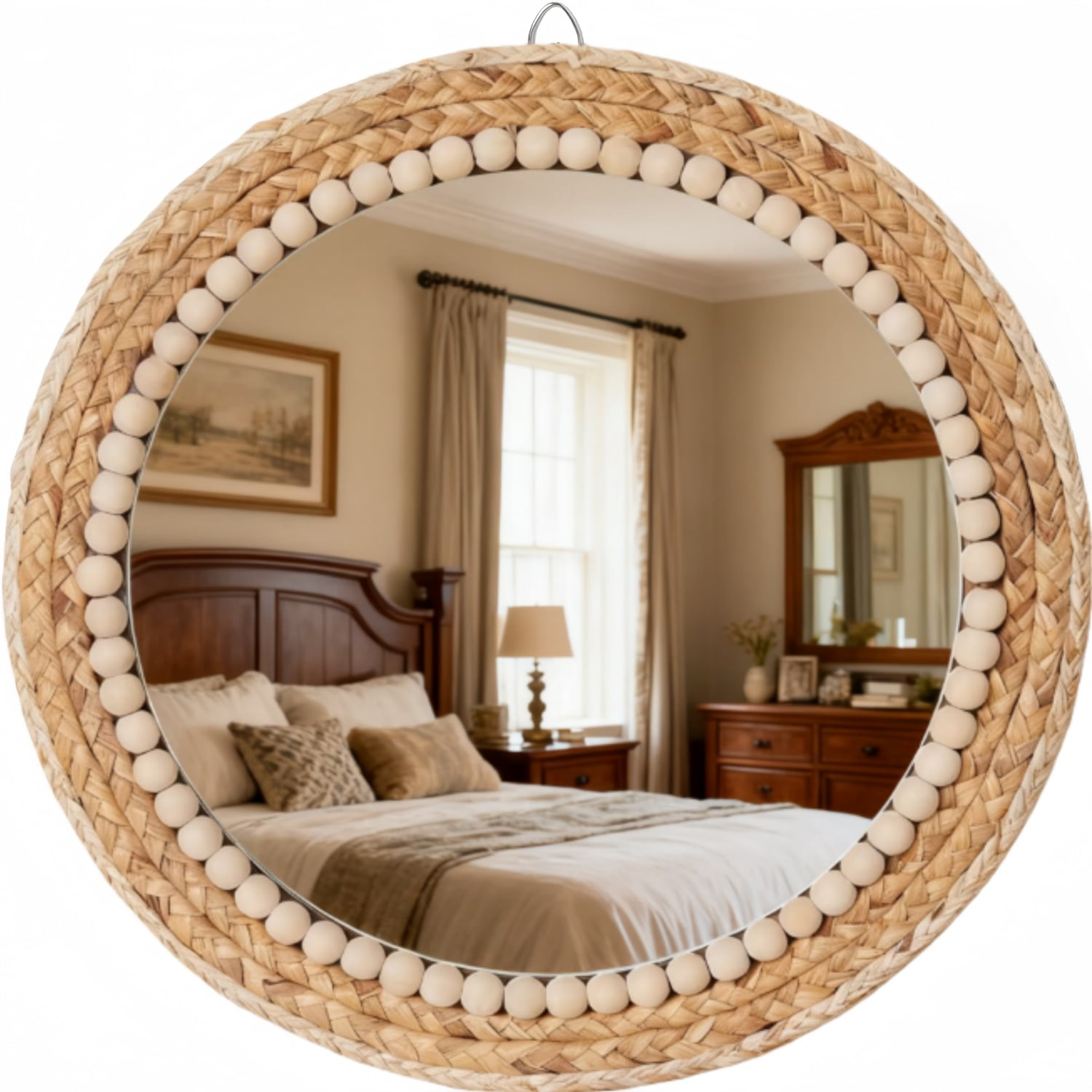 MEHOOM 17" Round Boho Wall Mirror, Rattan Hanging Mirror for Bedroom, Living Room, Farmhouse Decor