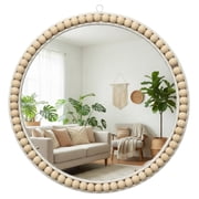 MEHOOM 17" Round Wall Mirror, Boho Hanging Round Mirror, Wall Decor for Bedroom, Bathroom, Living Room, Beige