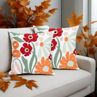 MEHOOM Hand Embroidered Fall Throw Pillow Covers 18x18 Set of 2, Orange Decorative Pillows Floral, Boho Fall Decor Throw Pillow Covers, Fall Decorations for Home