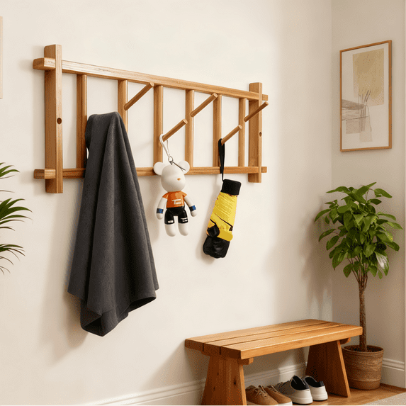 MEHOOM Coat Rack, 24'' Wooden Wall Mounted Rack and Freestanding Rack with 6 Hooks, 180° Adjustable for Bedroom, Hallway, Office (Nature)