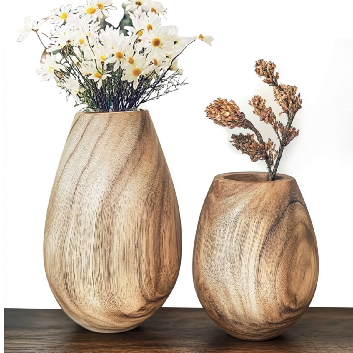 "Mehoom 2Pcs Wooden Flower Vases, Paulownia Wood, Glass Lined, Rustic ...
