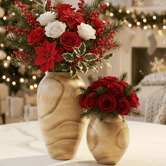 MEHOOM 2Pcs Wooden Flower Vases with Glass Liner, Paulownia Home Decor Vase for Farmhouse Rustic Vintage Living Room Kitchen Bedroom, House Book Shelf Office Coffee Desk Dining Fireplace (6"&11")