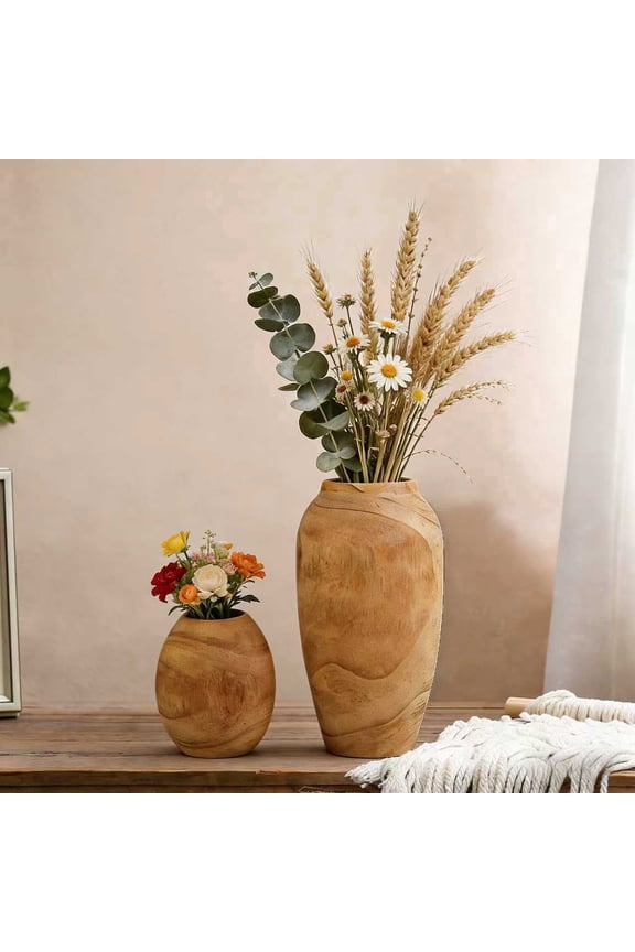 2Pcs Wooden Flower Vases with Glass Liner, Paulownia Home Decor Vase for Farmhouse Rustic Vintage Living Room Kitchen Bedroom, House Book Shelf Office Coffee Desk Dining Fireplace (6"&11")