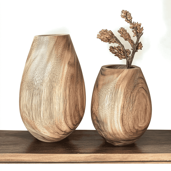 MEHOOM 2Pcs Paulownia Wooden Flower Vases – Boho Farmhouse Decor with Glass Lining, Rustic Decor&Decorative Accents for Home, Living Room, or Kitchen