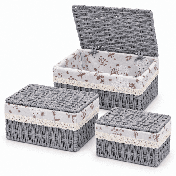 MEHOOM Small Wicker Storage Baskets with Lids, Set of 3 Handwoven Paper Rope Decorative Baskets with Washable Cotton Liners for Shelves and Tabletops, Gray
