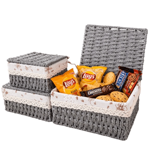 MEHOOM 3 Pcs Wicker Basket, Baskets for Organizing, Storage, Woven Storage Baskets for Bedroom, Closet, Table, or Living Room (Gray)