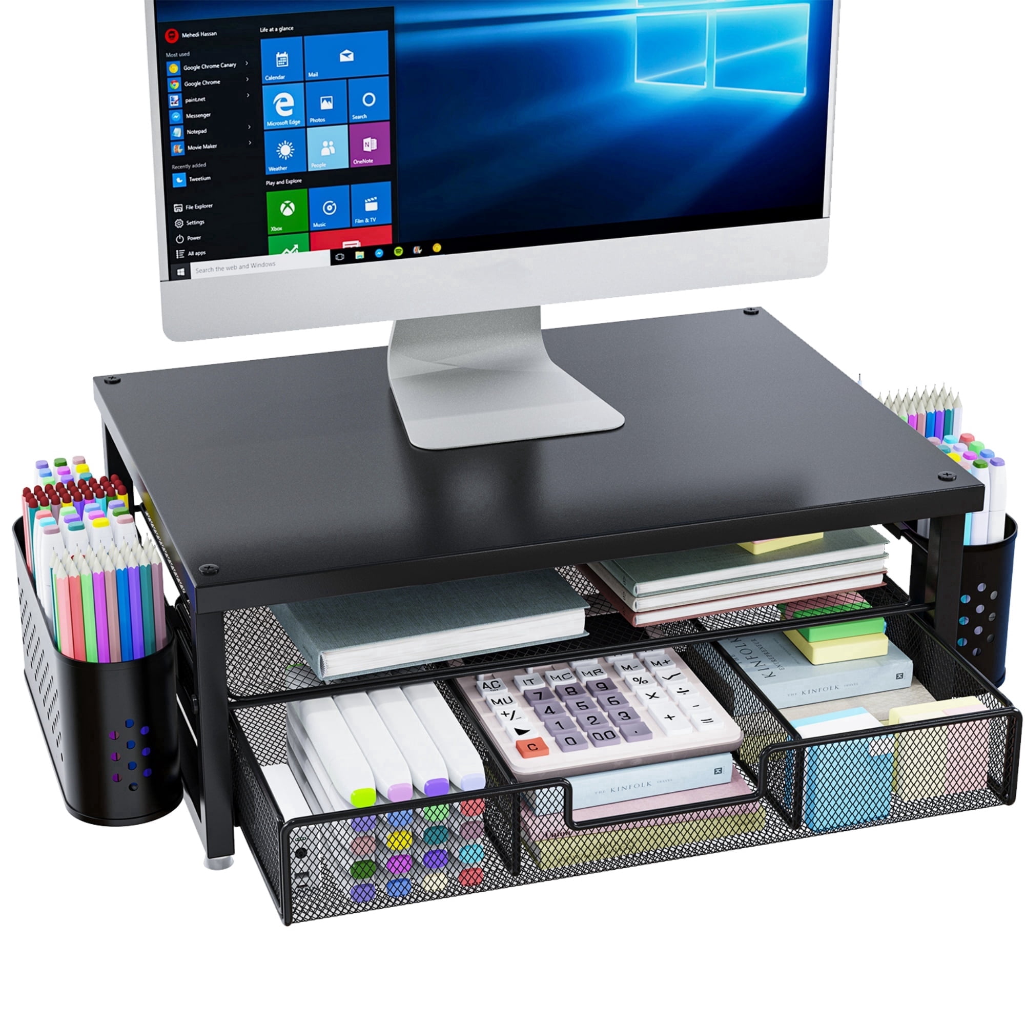 MEHOOM 3-Tier Monitor Stand Riser with Drawer and Pen Holders, Desk ...