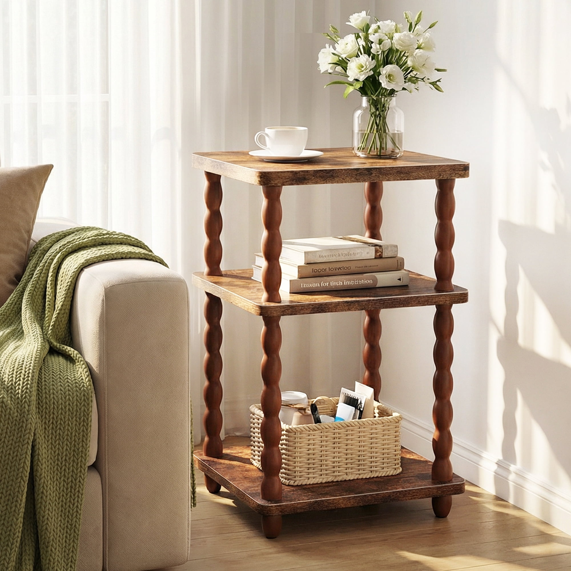 MEHOOM 3-Tier Side Table, Nightstand with Storage, Vintage Accent Table Small End Table for Living Room and Bedroom