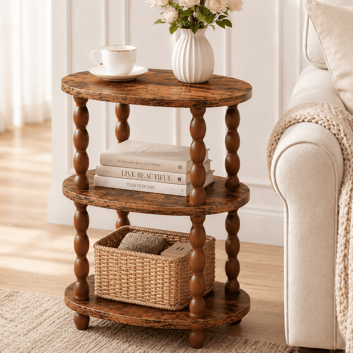 MEHOOM 3-Tier Side Table, Small End Table for Living Room and Bedroom, Vintage Accent Table Nightstand with Storage