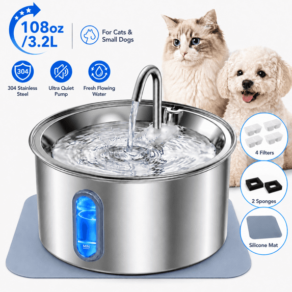 MEHOOM 304 Stainless Steel Cat Water Fountain, 108oz/3.2L Ultra Quiet & Auto Pet Water Fountain, Water Dispenser with Filters for Multiple Cats Dog Indoor