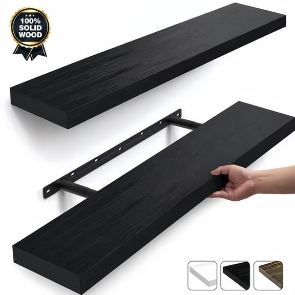 MEHOOM 36" Rustic Solid Wood Floating Shelves for Wall Set of 2, Black Book Shelves,Wall Shelves for Bathroom,Bedroom,Living Room,Kitchen,Study Room, Kids Room, Farmhouse Decor