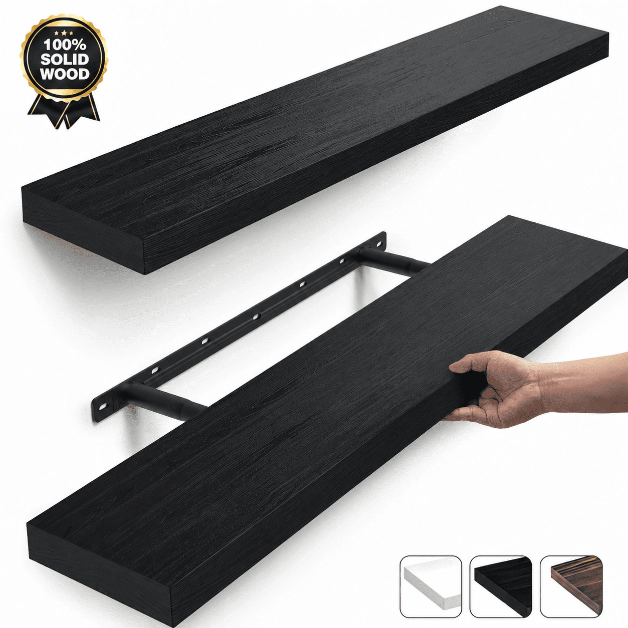 MEHOOM 36" Rustic Solid Wood Floating Shelves for Wall Set of 2, Black Book Shelves,Wall Shelves for Bathroom,Bedroom,Living Room,Kitchen,Study Room, Kids Room, Farmhouse Decor