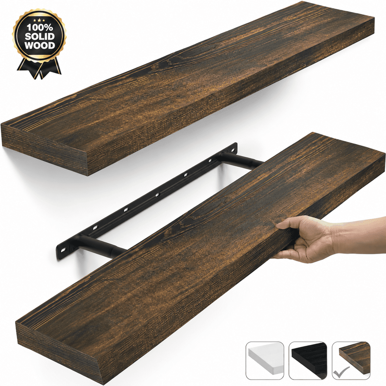 MEHOOM 36" Rustic Solid Wood Floating Shelves for Wall Set of 2, Brown Book Shelves,Wall Shelves for Bathroom,Bedroom,Living Room,Kitchen,Study Room, Kids Room, Farmhouse Decor
